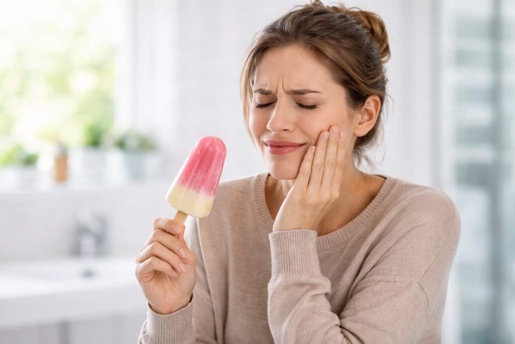 Mujer sosteniendo un helado siente dolor al comer por sensibilidad dental