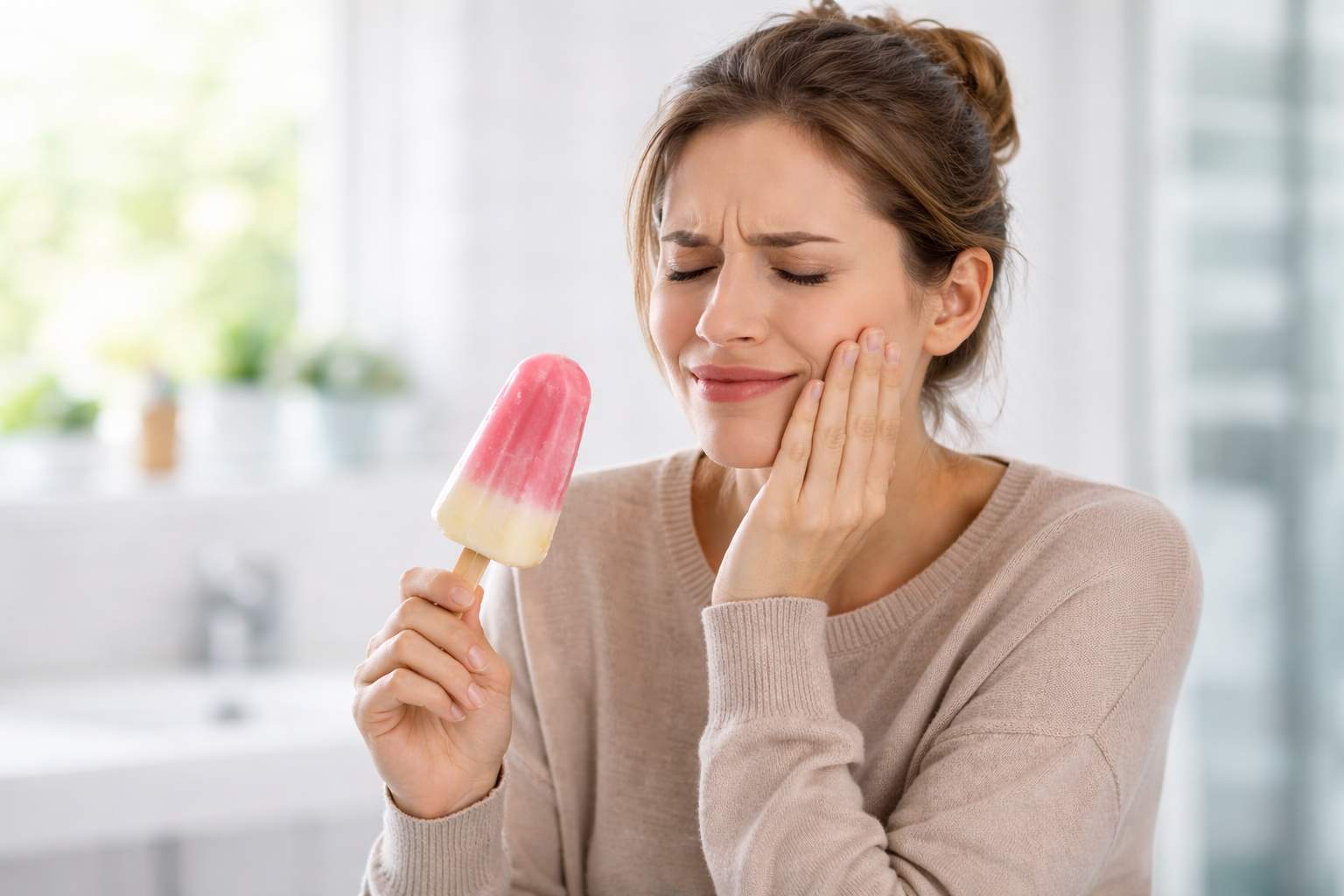 Mujer sosteniendo un helado siente dolor al comer por sensibilidad dental